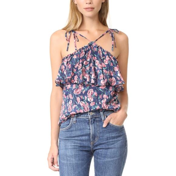 REBECCA TAYLOR Sleeveless Tea Rose Tank Womens 2 Blue Pink Floral Halter Tie NWT